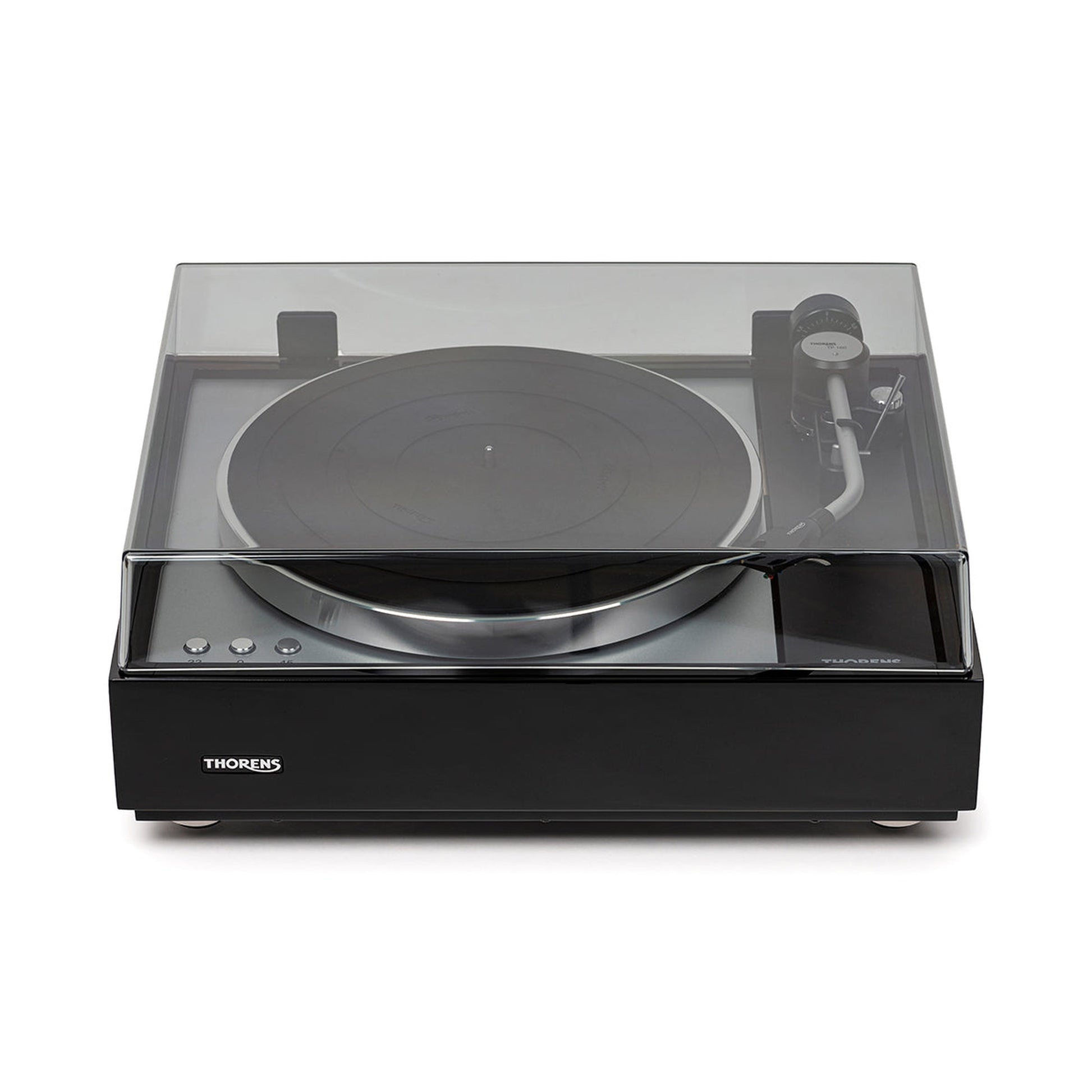 Thorens TD 1600 (TP 160) Plattenspieler Schwarz Frontansicht mit geschlossener Staubschutzhaube