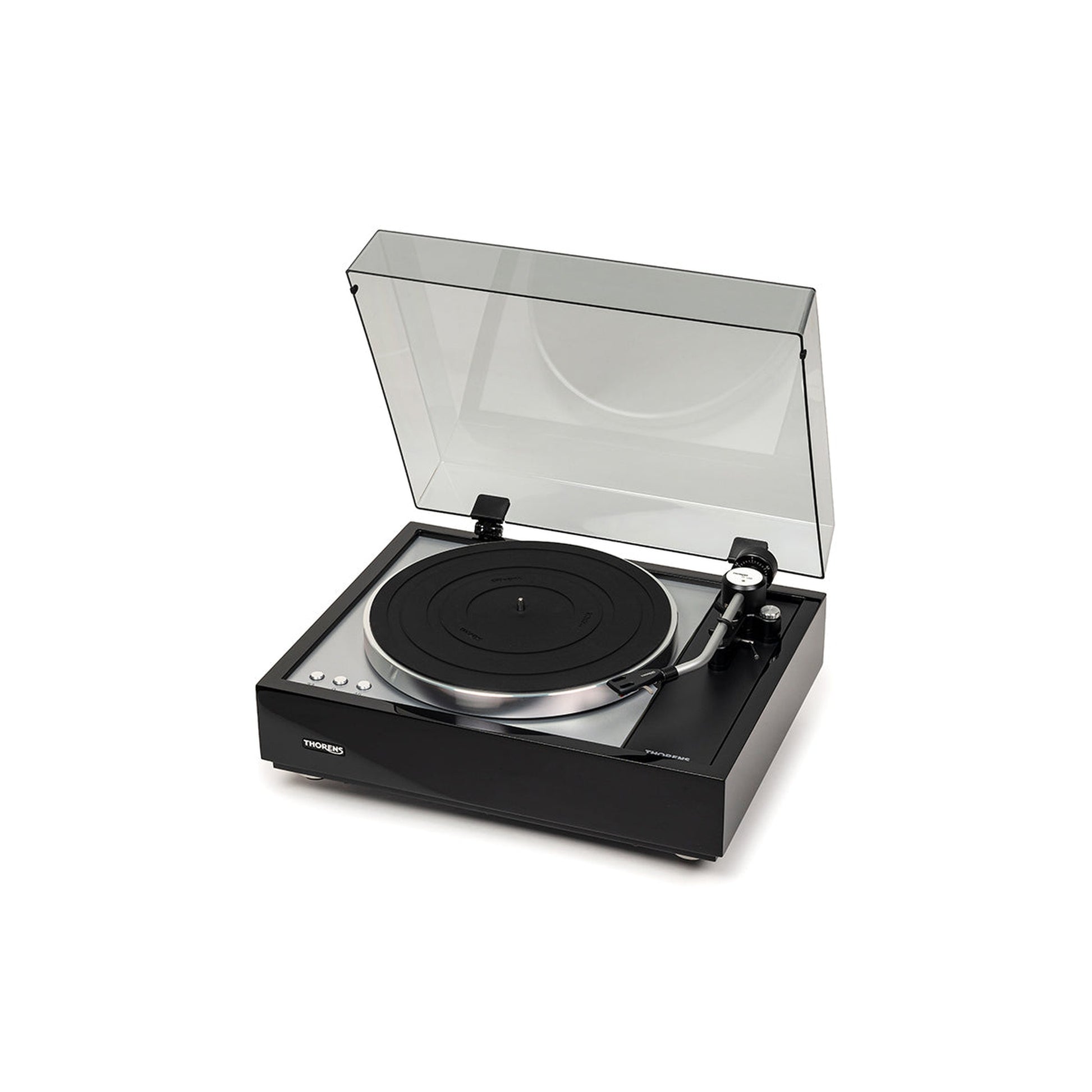 Thorens TD 1600 (TP 160) Plattenspieler Schwarz Frontansicht mit geöffneter Staubschutzhaube, Ansicht von links
