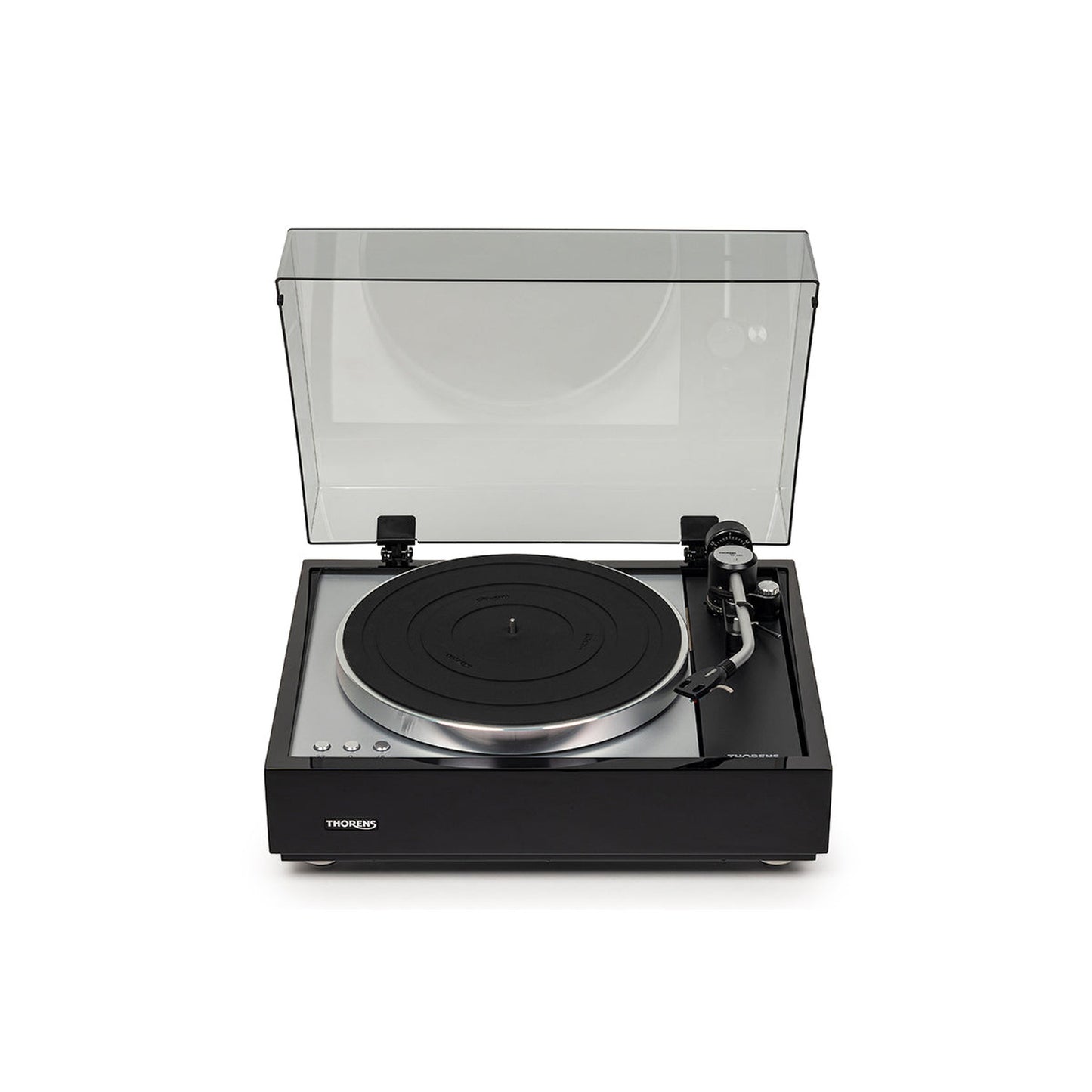 Thorens TD 1600 (TP 160) Plattenspieler Schwarz Frontansicht mit geöffneter Staubschutzhaube, Ansicht von vorn