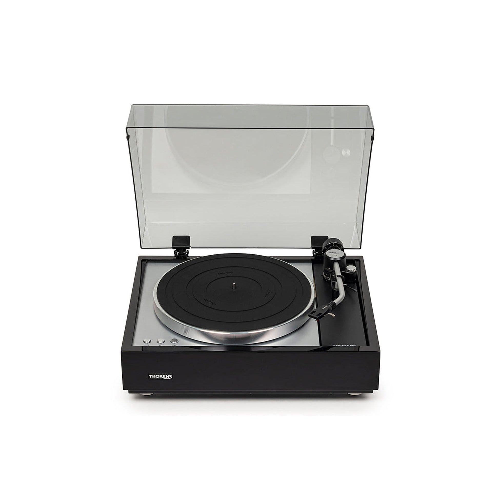 Thorens TD 1600 (TP 160) Plattenspieler Schwarz Frontansicht mit geöffneter Staubschutzhaube, Ansicht von vorn
