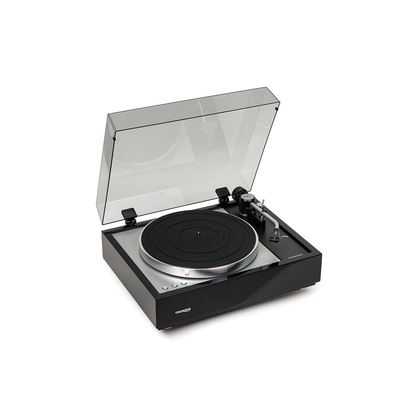 Thorens TD 1600 (TP 160) Plattenspieler Schwarz Frontansicht mit geöffneter Staubschutzhaube, Ansicht von rechts