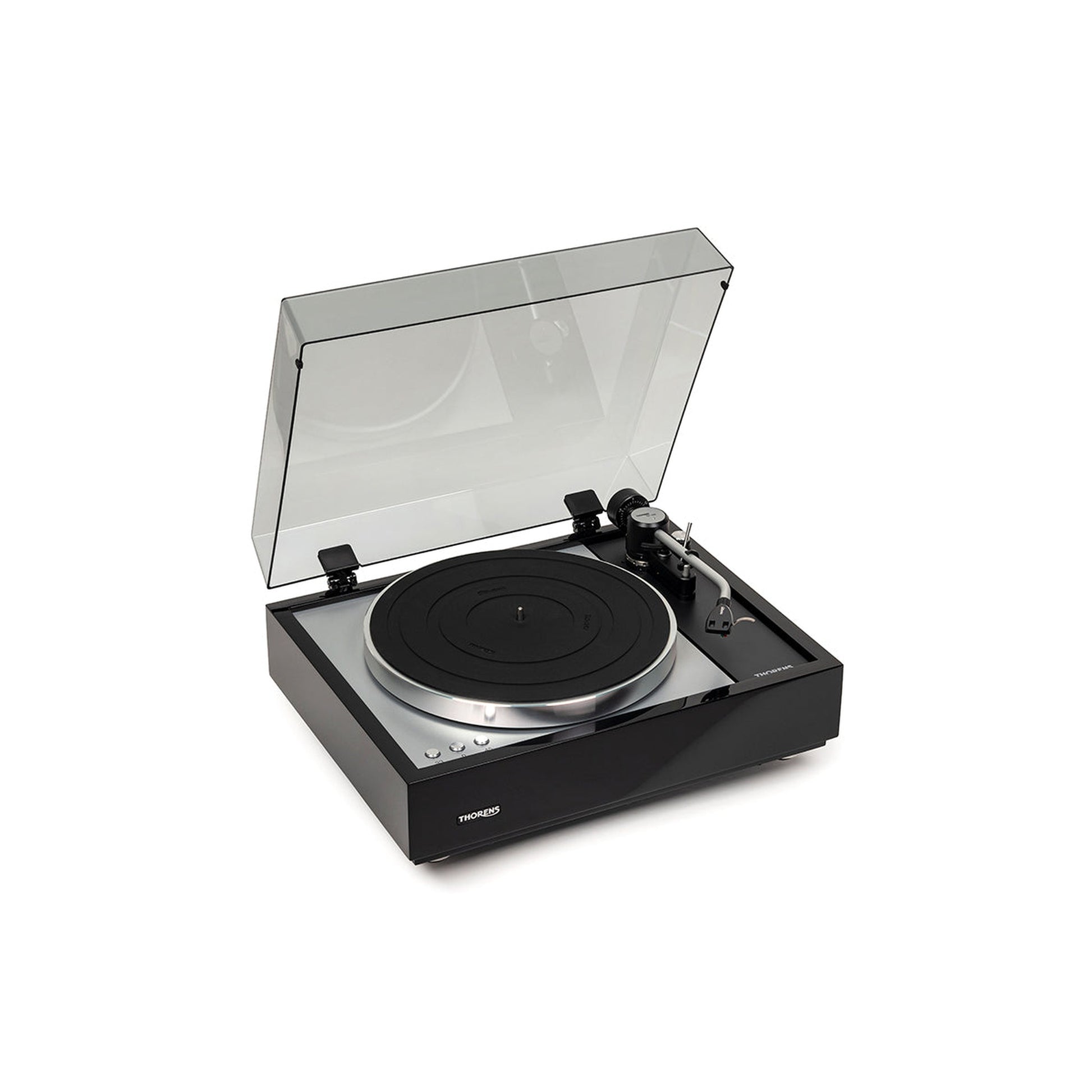 Thorens TD 1600 (TP 160) Plattenspieler Schwarz Frontansicht mit geöffneter Staubschutzhaube, Ansicht von rechts