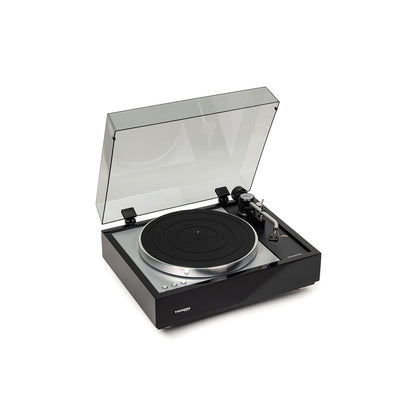Thorens TD 1600 (TP 160) Plattenspieler Schwarz Frontansicht mit geöffneter Staubschutzhaube, Ansicht von rechts