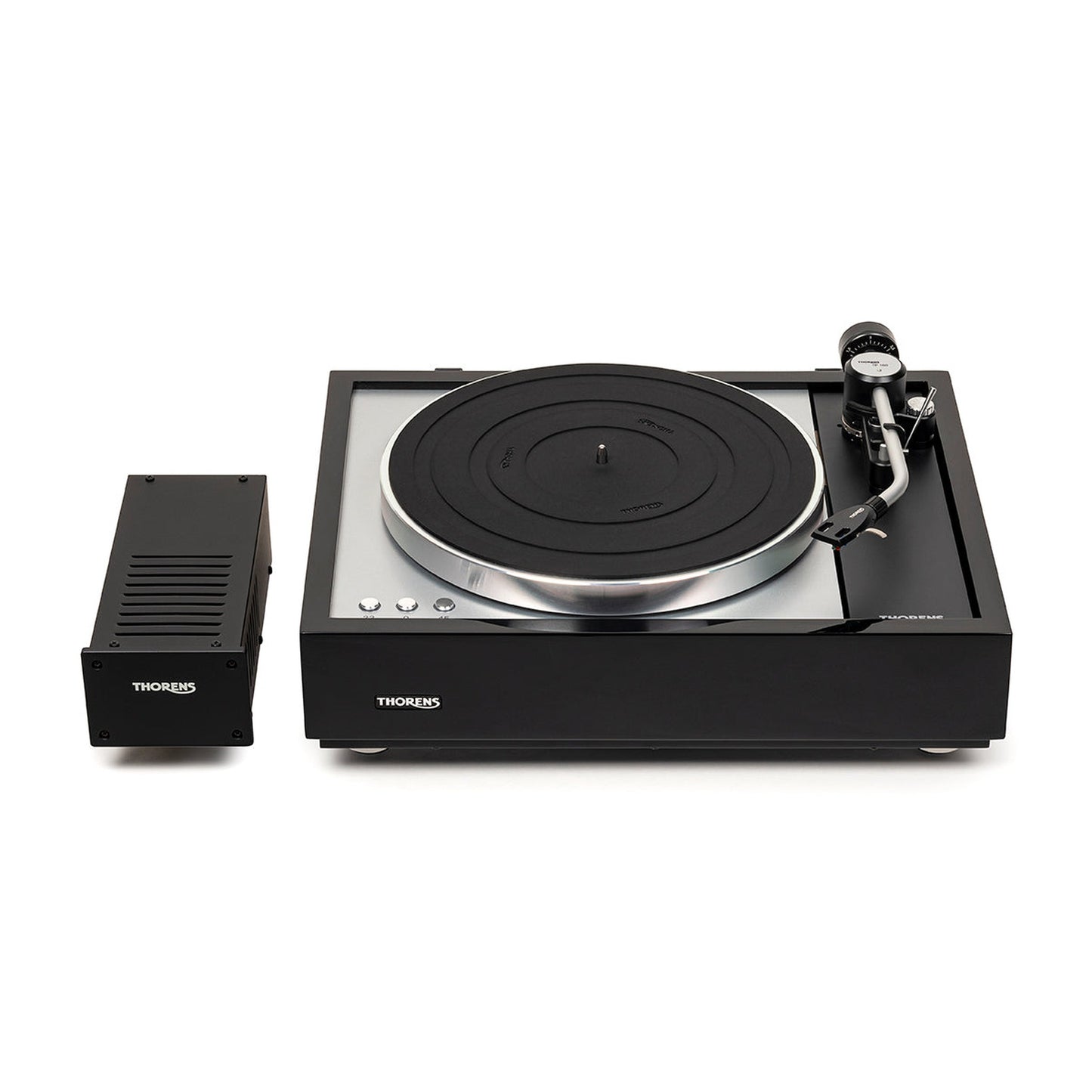 Thorens TD 1600 (TP 160) Plattenspieler Schwarz Frontansicht mit externem Netzteil TPN 1600
