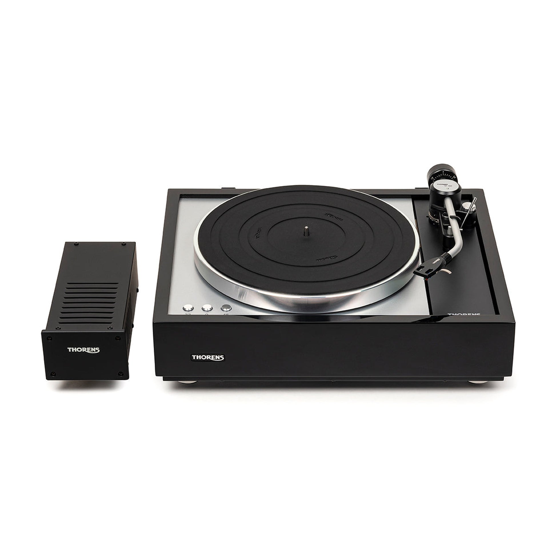 Thorens TD 1600 (TP 160) Plattenspieler Schwarz Frontansicht mit externem Netzteil TPN 1600