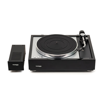 Thorens TD 1600 (TP 160) Plattenspieler Schwarz Frontansicht mit externem Netzteil TPN 1600