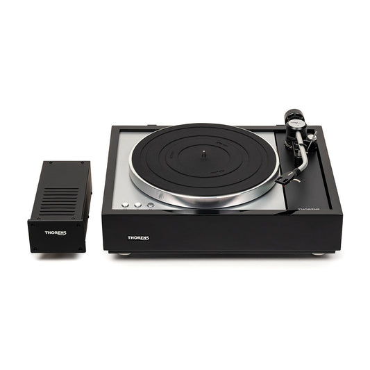 Thorens TD 1600 (TP 160) Plattenspieler Schwarz Frontansicht mit externem Netzteil TPN 1600