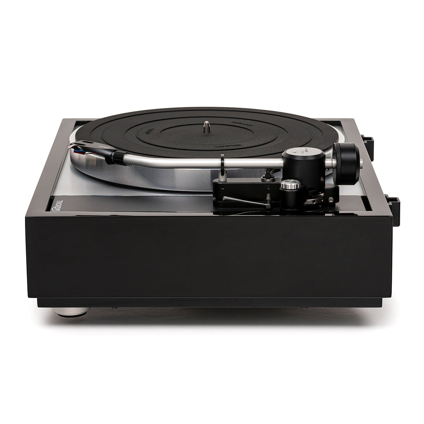 Thorens TD 1600 (TP 160) Plattenspieler Schwarz Seitenansicht mit Tonarmbasis und Gegengewicht