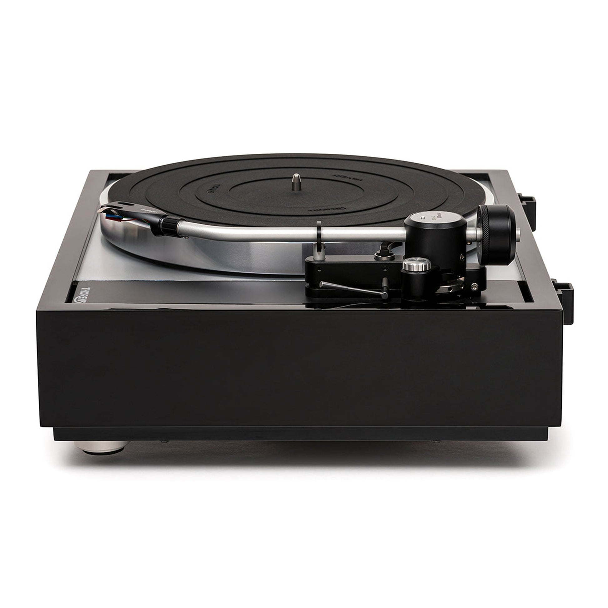 Thorens TD 1600 (TP 160) Plattenspieler Schwarz Seitenansicht mit Tonarmbasis und Gegengewicht