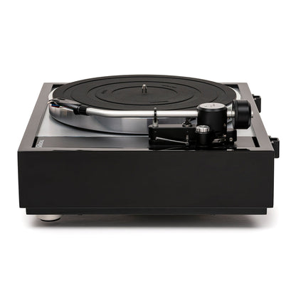 Thorens TD 1600 (TP 160) Plattenspieler Schwarz Seitenansicht mit Tonarmbasis und Gegengewicht