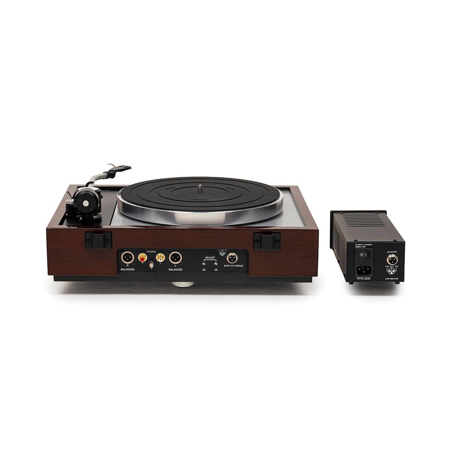 Thorens TD 1600 (TP 160) Plattenspieler Walnuss Anschlussfeld mit XLR- und Cinch-Ausgängen, Netzteil TPN 1600 rückseitig