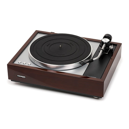 Thorens TD 1600 (TP 160) Plattenspieler Walnuss Frontansicht ohne Staubschutzhaube, Ansicht von links
