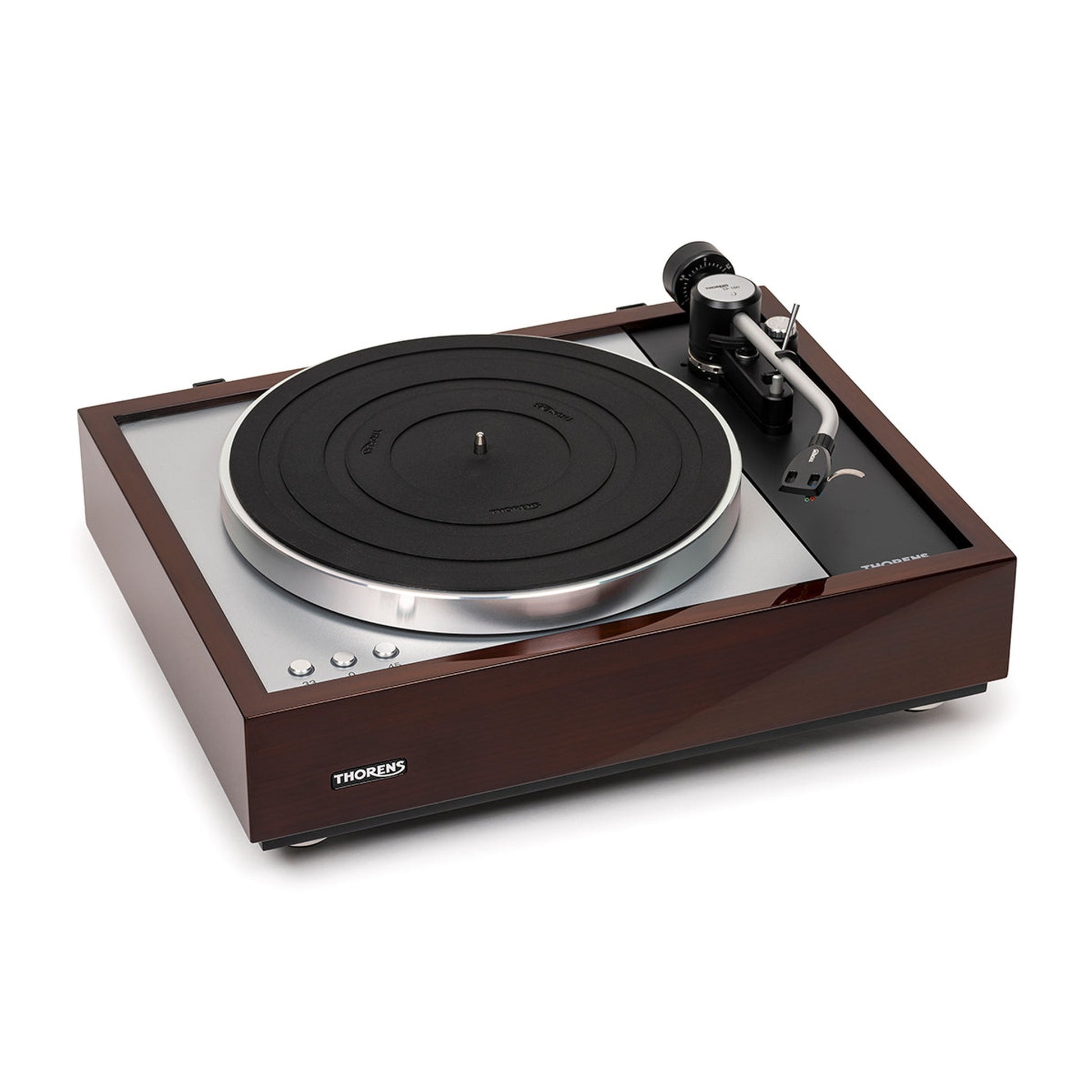 Thorens TD 1600 (TP 160) Plattenspieler Walnuss Frontansicht ohne Staubschutzhaube, Ansicht von rechts