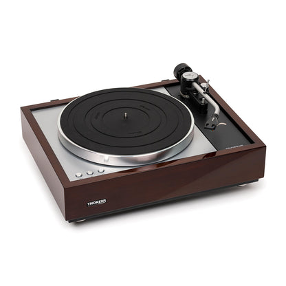 Thorens TD 1600 (TP 160) Plattenspieler Walnuss Frontansicht ohne Staubschutzhaube, Ansicht von rechts