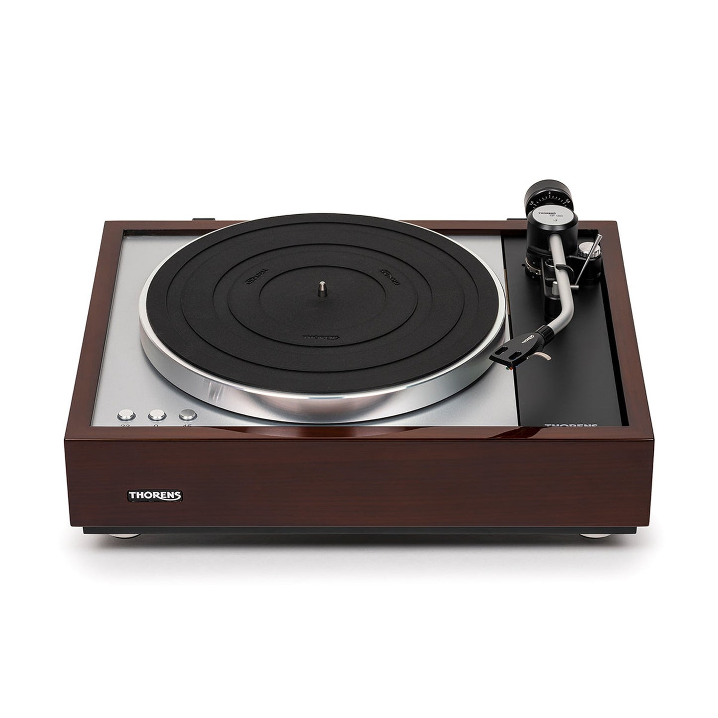 Thorens TD 1600 (TP 160) Plattenspieler Walnuss Frontansicht mit Plattenteller und Tonarm TP 160