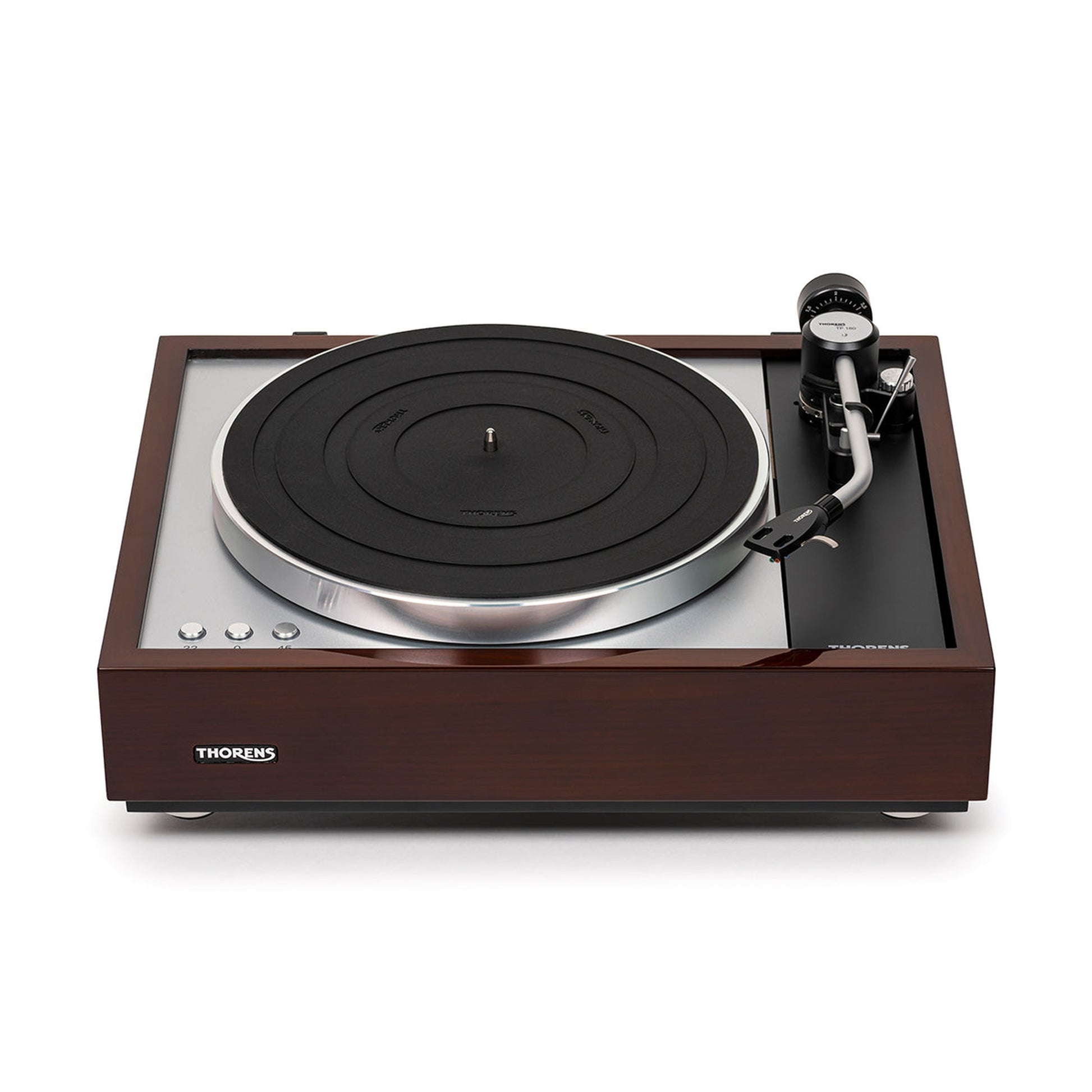 Thorens TD 1600 (TP 160) Plattenspieler Walnuss Frontansicht mit Plattenteller und Tonarm TP 160