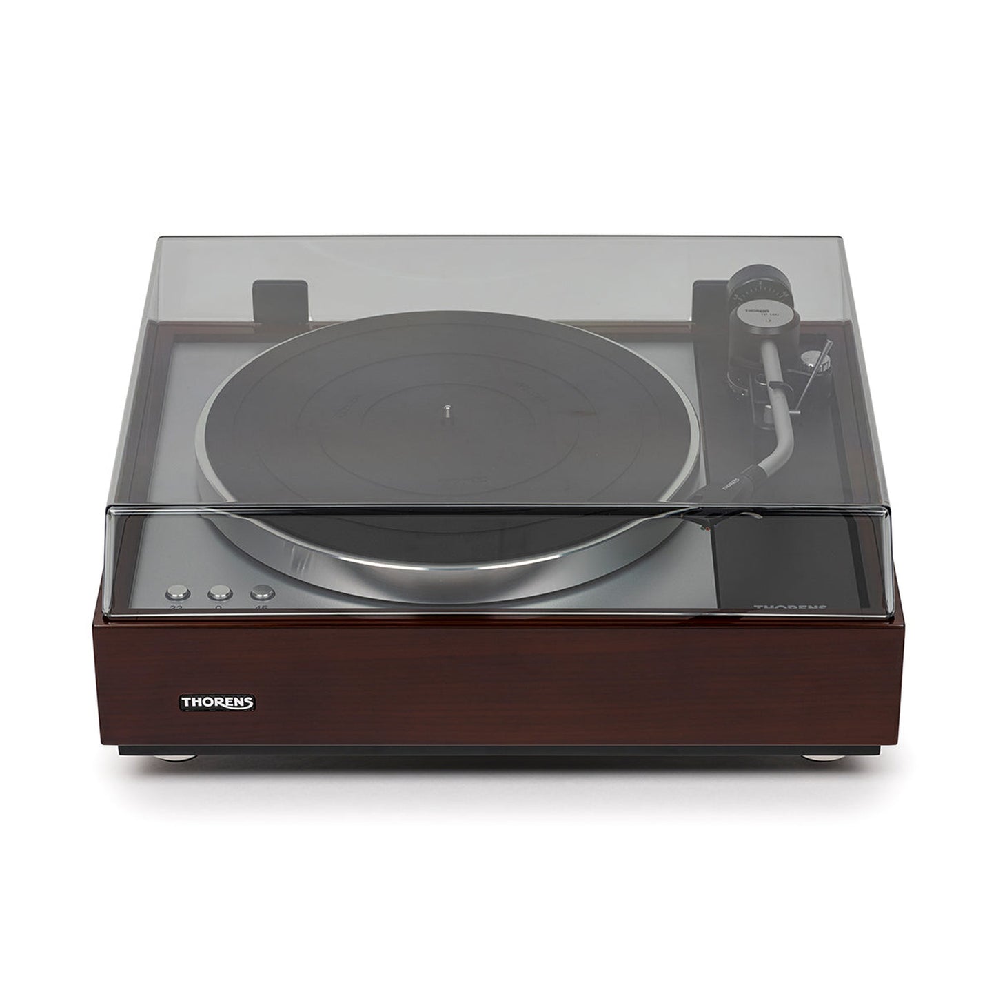 Thorens TD 1600 (TP 160) Plattenspieler Walnuss Frontansicht mit geschlossener Staubschutzhaube