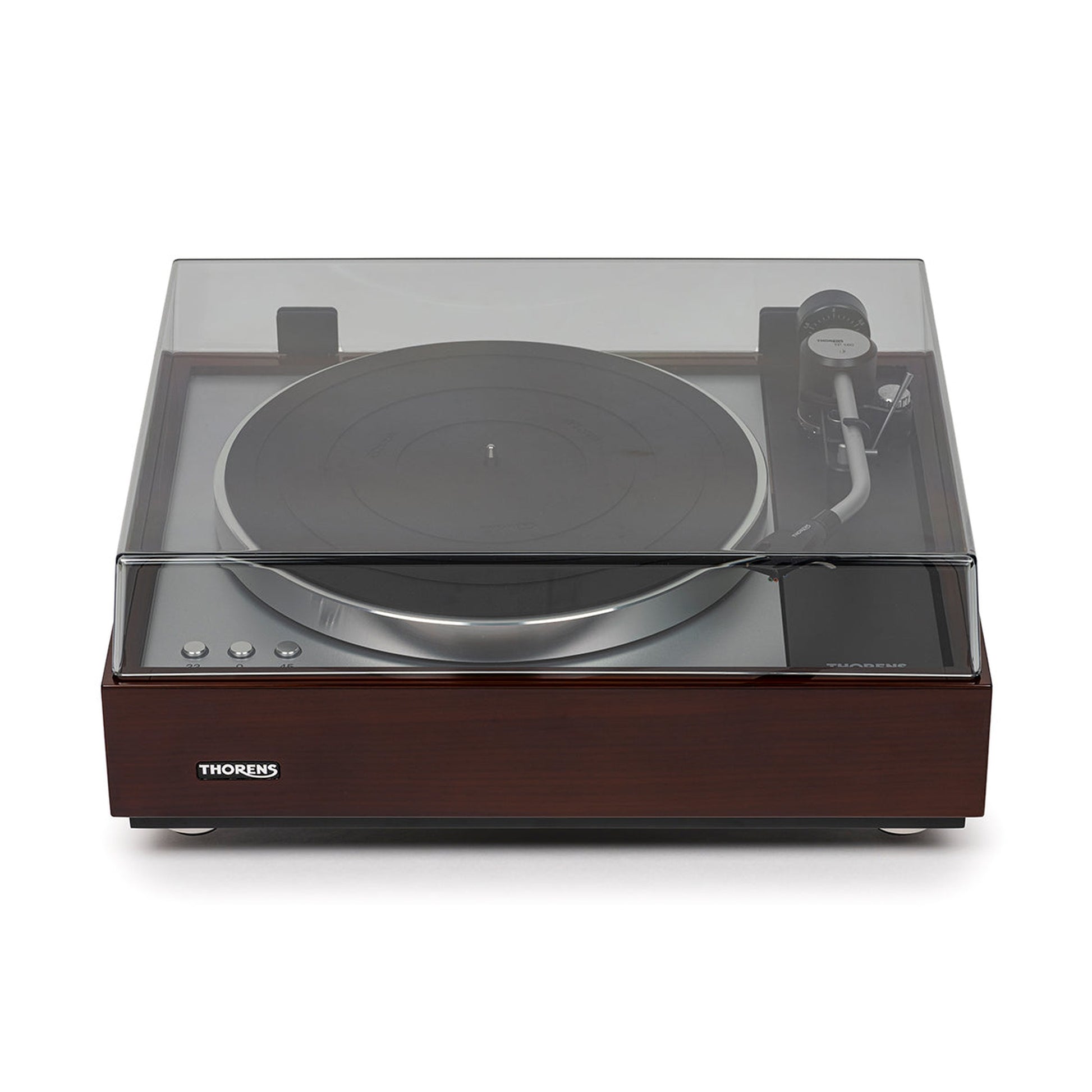 Thorens TD 1600 (TP 160) Plattenspieler Walnuss Frontansicht mit geschlossener Staubschutzhaube