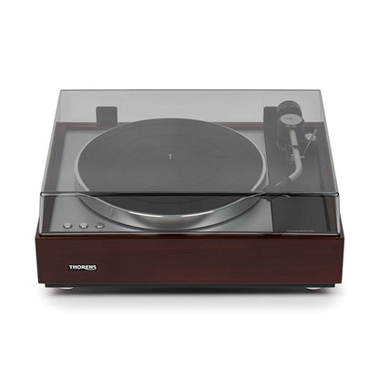 Thorens TD 1600 (TP 160) Plattenspieler Walnuss Frontansicht mit geschlossener Staubschutzhaube