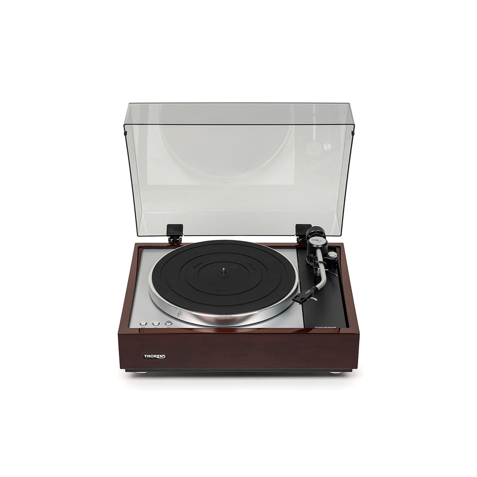 Thorens TD 1600 (TP 160) Plattenspieler Walnuss Frontansicht mit geöffneter Staubschutzhaube, Ansicht von links