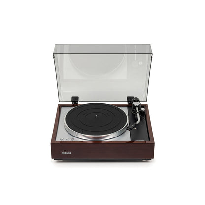 Thorens TD 1600 (TP 160) Plattenspieler Walnuss Frontansicht mit geöffneter Staubschutzhaube, Ansicht von links