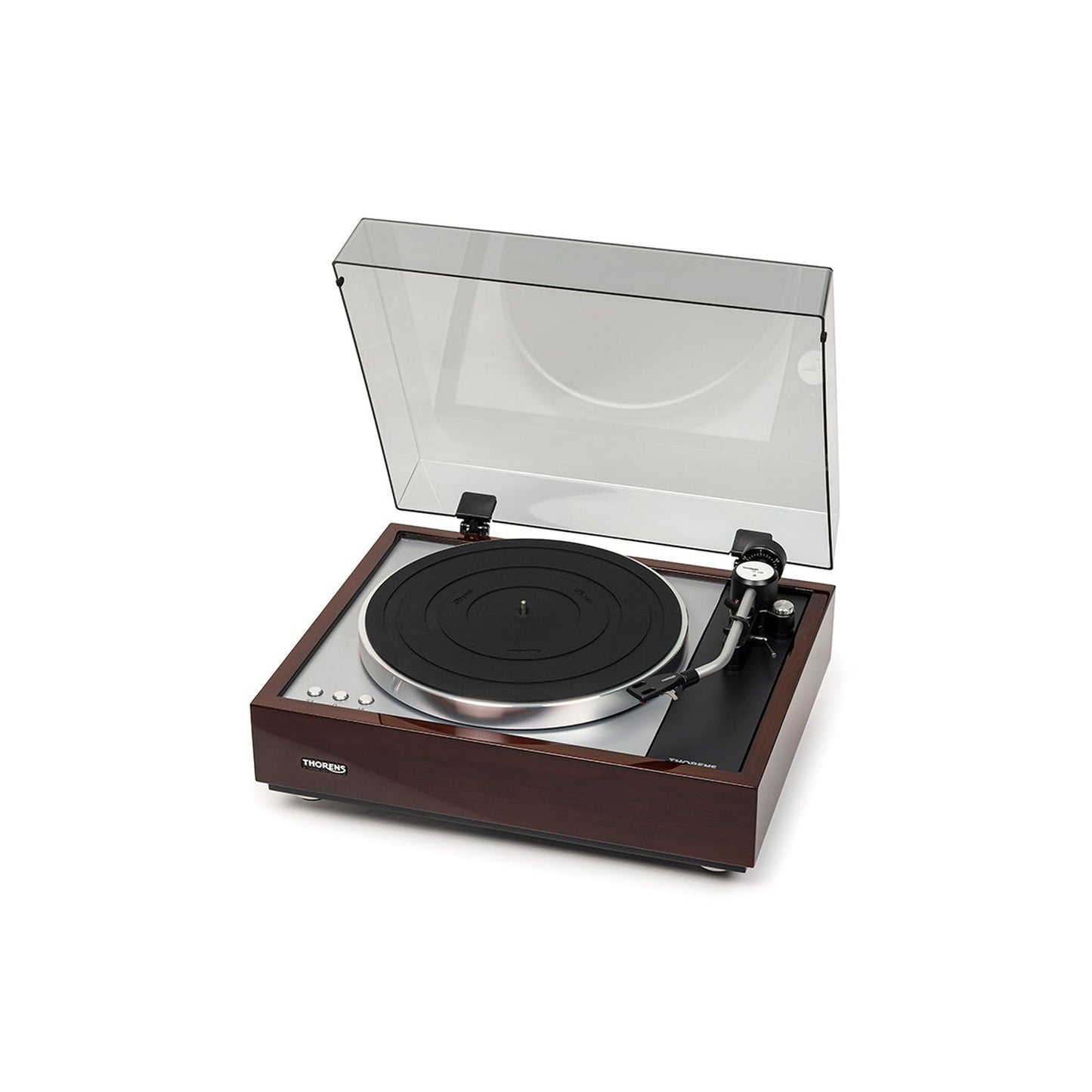 Thorens TD 1600 (TP 160) Plattenspieler Walnuss Frontansicht mit geöffneter Staubschutzhaube, Ansicht von vorn