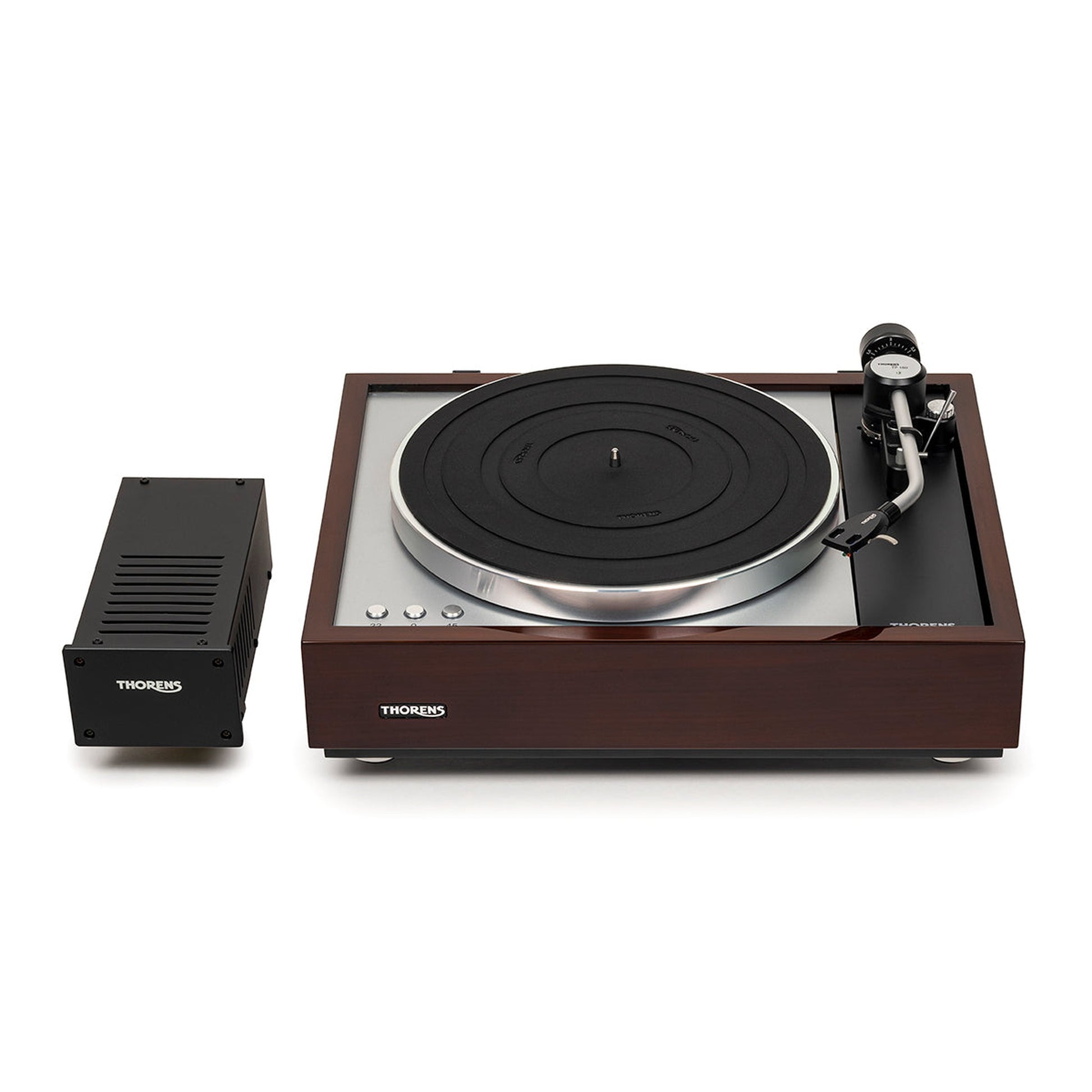 Thorens TD 1600 (TP 160) Plattenspieler Walnuss Frontansicht mit externem Netzteil TPN 1600