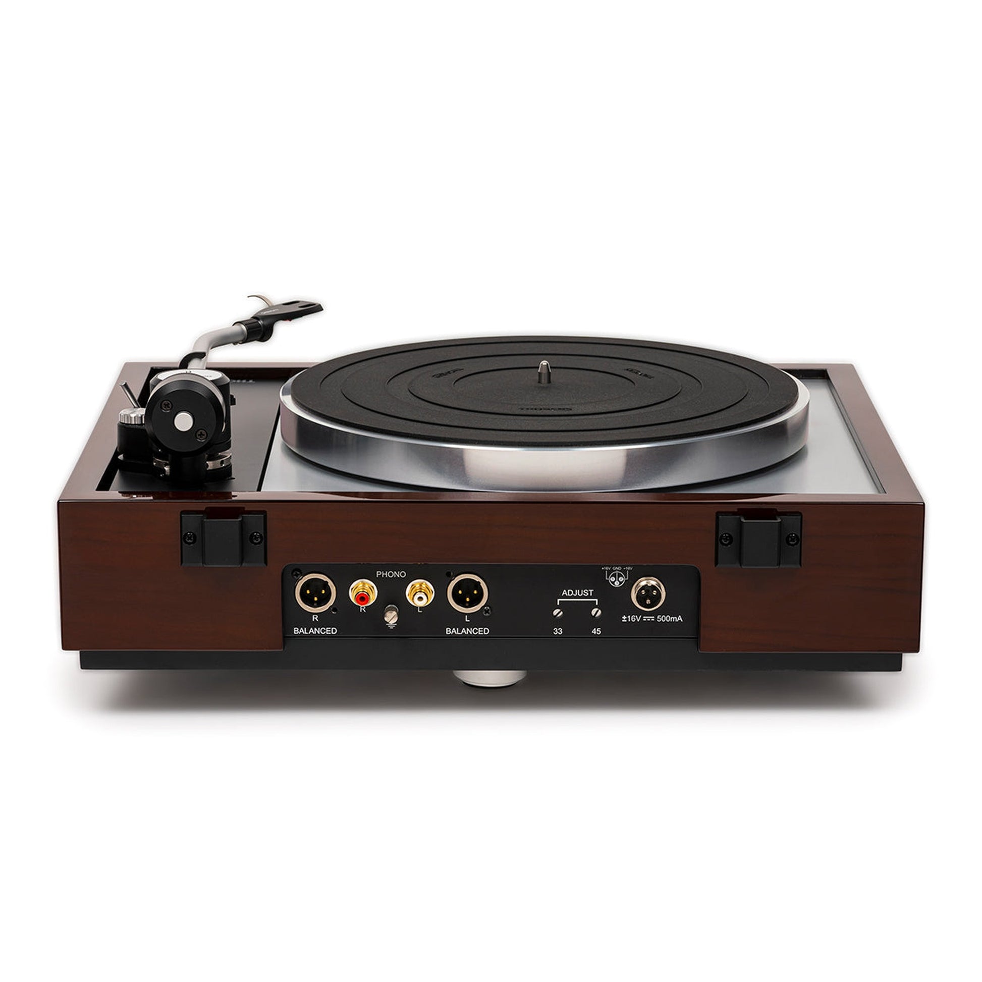 Thorens TD 1600 (TP 160) Plattenspieler Walnuss Rückansicht mit XLR- und Cinch-Anschlüssen