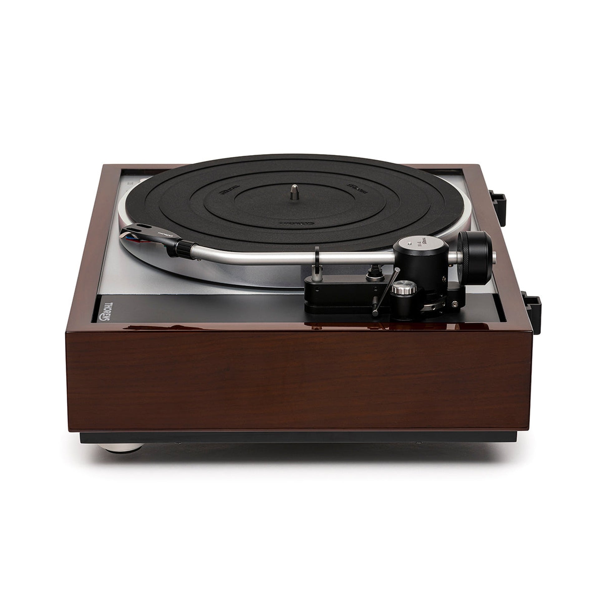 Thorens TD 1600 (TP 160) Plattenspieler Walnuss Seitenansicht mit Tonarmbasis und Gegengewicht