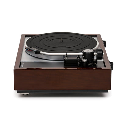 Thorens TD 1600 (TP 160) Plattenspieler Walnuss Seitenansicht mit Tonarmbasis und Gegengewicht