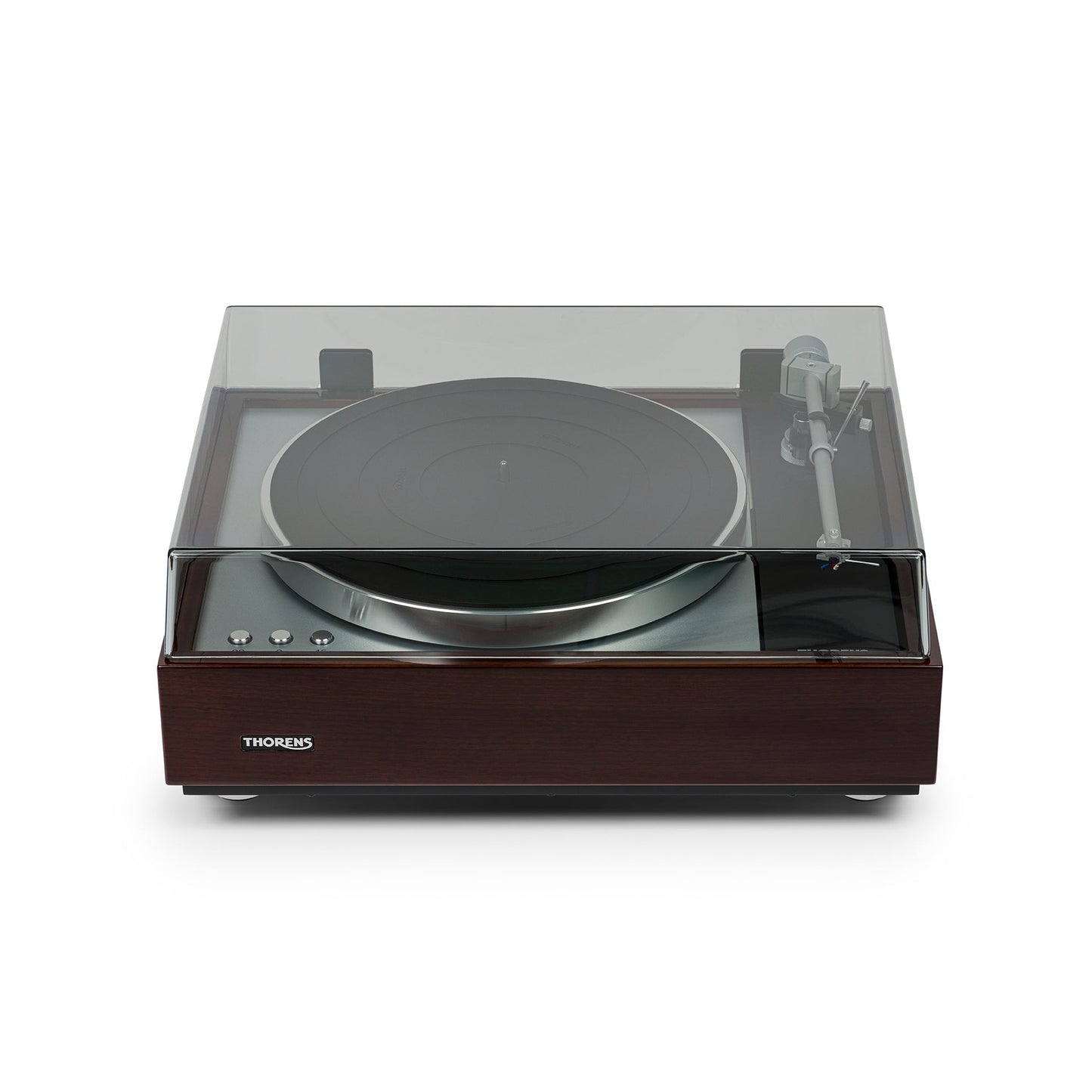 Thorens TD 1600 (TP 92) Plattenspieler Walnuss Frontansicht mit geschlossener Staubschutzhaube