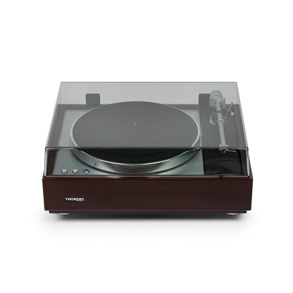 Thorens TD 1600 (TP 92) Plattenspieler Walnuss Frontansicht mit geschlossener Staubschutzhaube
