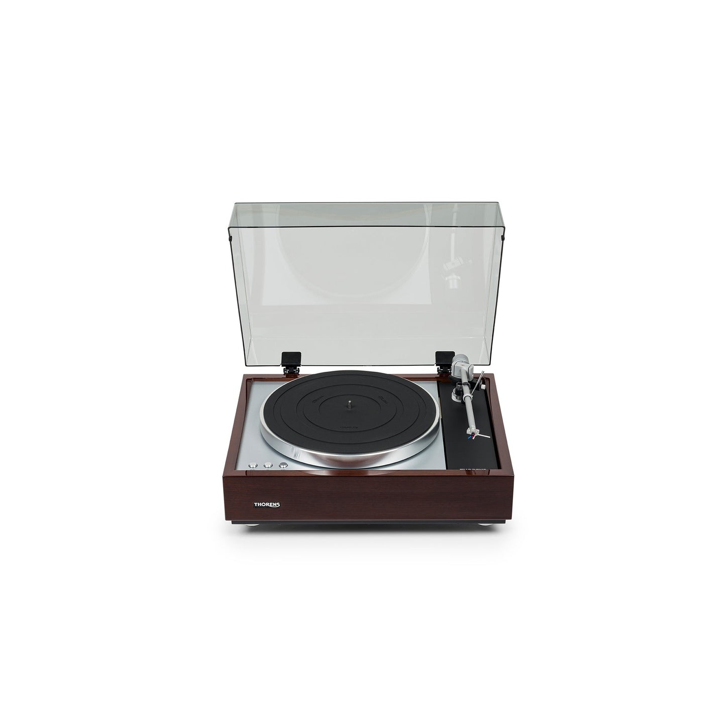 Thorens TD 1600 (TP 92) Plattenspieler Walnuss Frontansicht mit geöffneter Staubschutzhaube, Ansicht von vorn