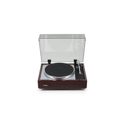 Thorens TD 1600 (TP 92) Plattenspieler Walnuss Frontansicht mit geöffneter Staubschutzhaube, Ansicht von vorn