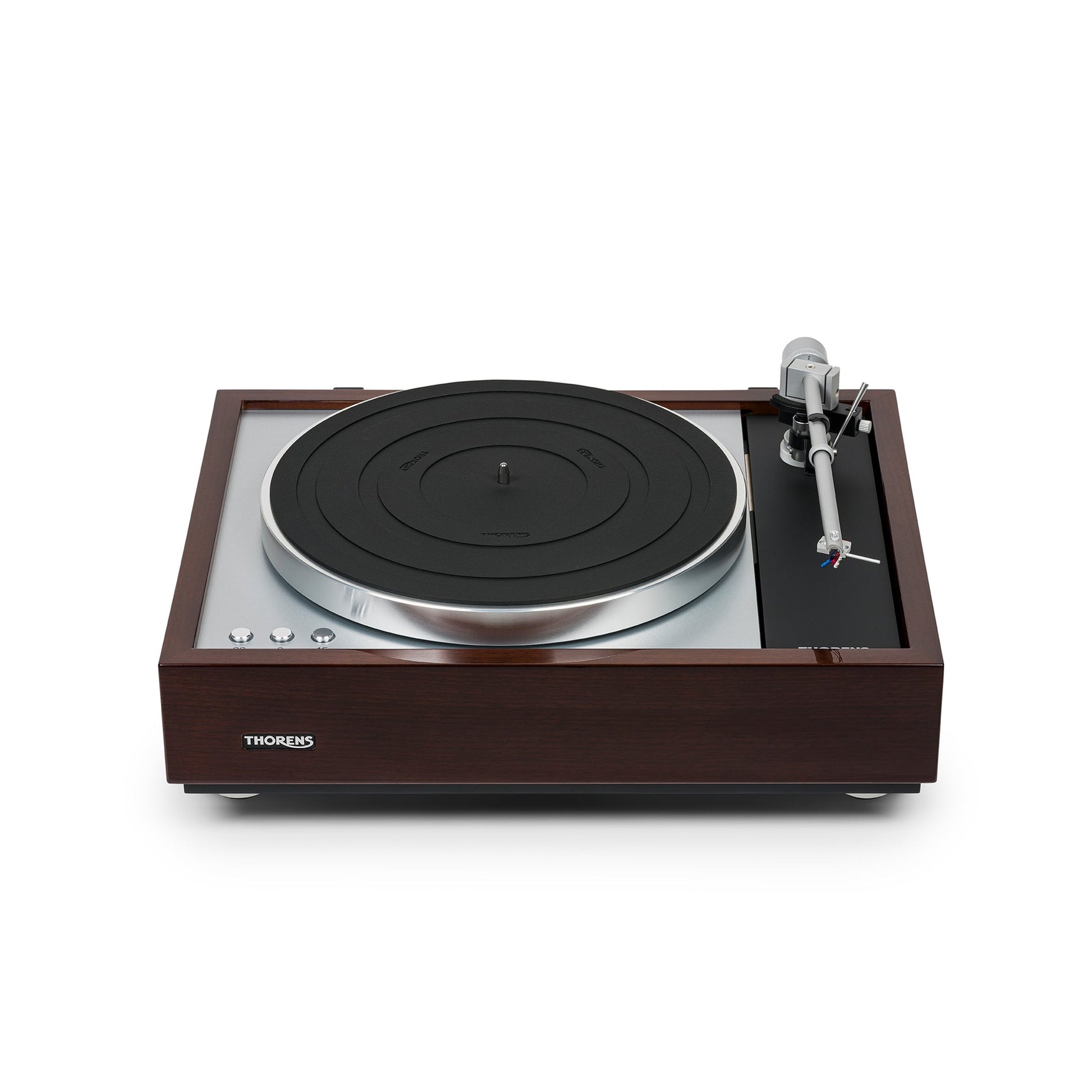 Thorens TD 1600 (TP 92) Plattenspieler Walnuss Frontansicht mit Plattenteller und Tonarm TP 92