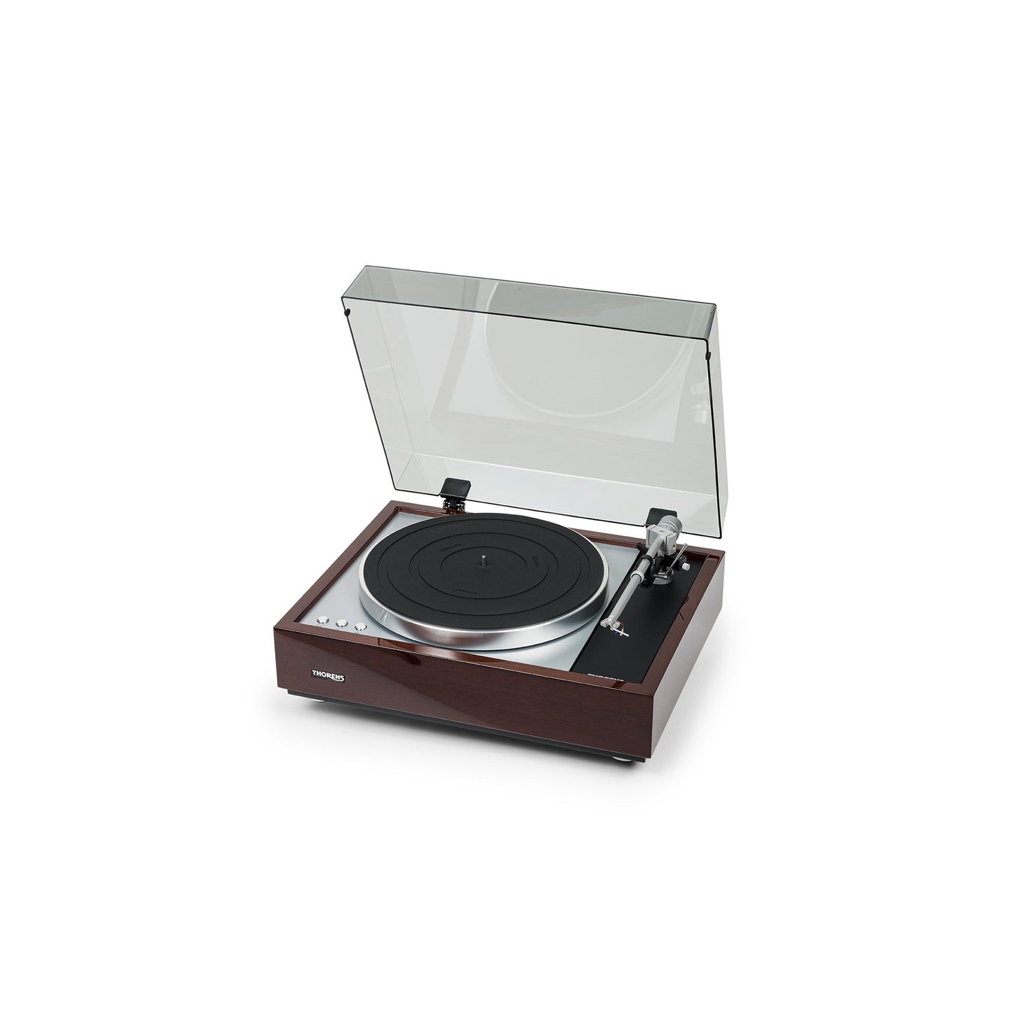 Thorens TD 1600 (TP 92) Plattenspieler Walnuss Schrägansicht mit geöffneter Staubschutzhaube