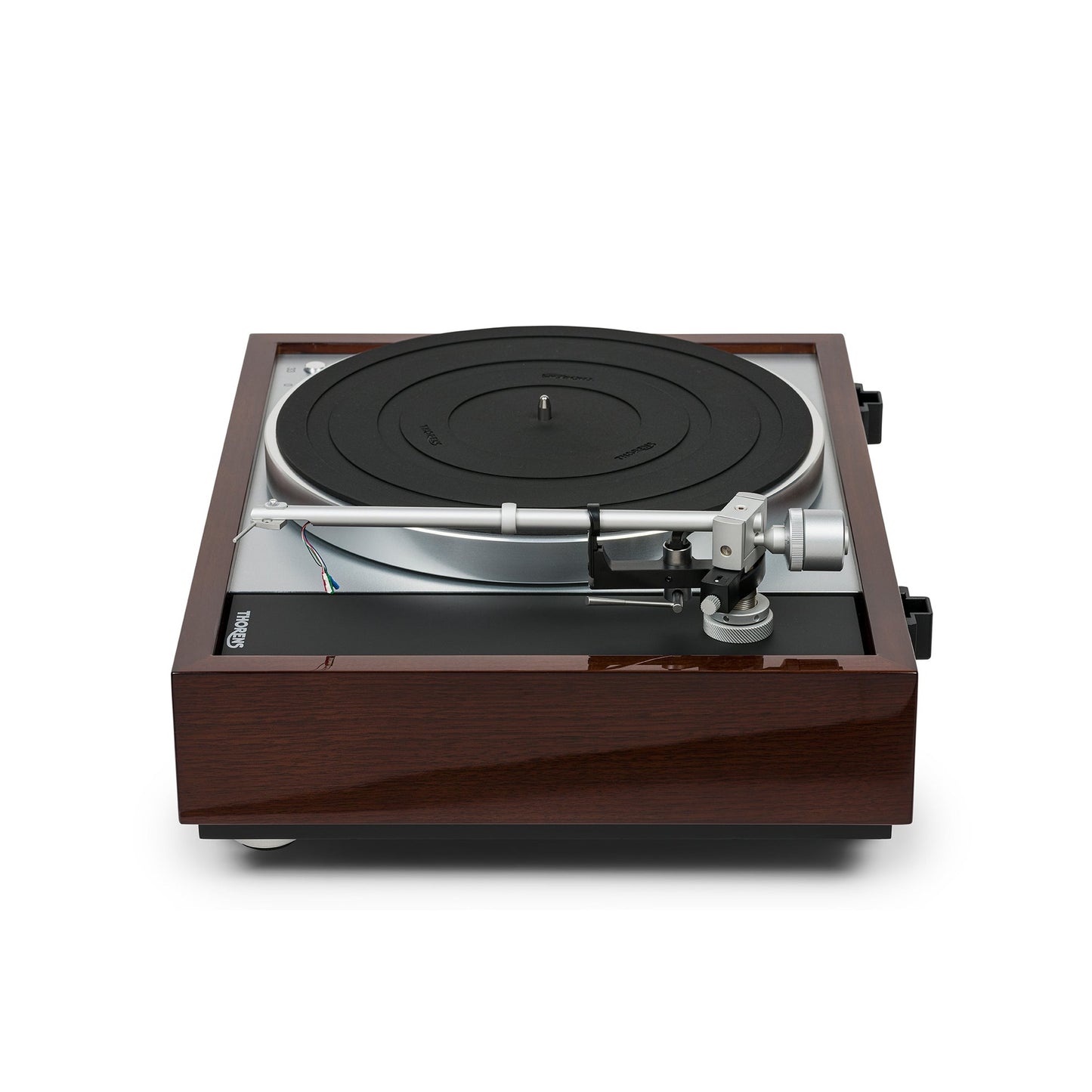 Thorens TD 1600 (TP 92) Plattenspieler Walnuss Seitenansicht mit Tonarmbasis und Gegengewicht des TP 92