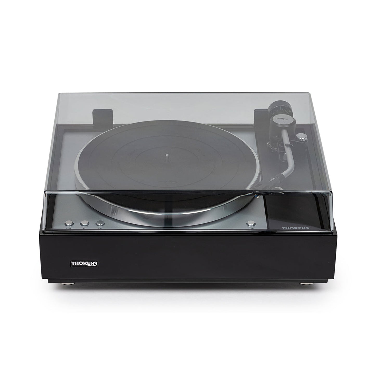 Thorens TD 1601 (TP 160) Plattenspieler Schwarz Frontansicht 3 mit geschlossener Staubschutzhaube