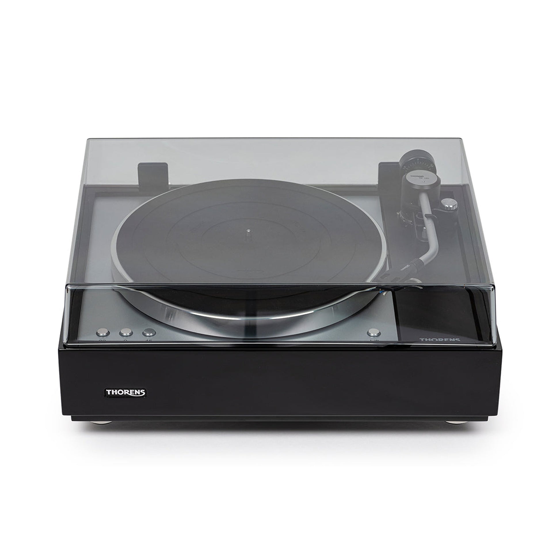 Thorens TD 1601 (TP 160) Plattenspieler Schwarz Frontansicht 3 mit geschlossener Staubschutzhaube