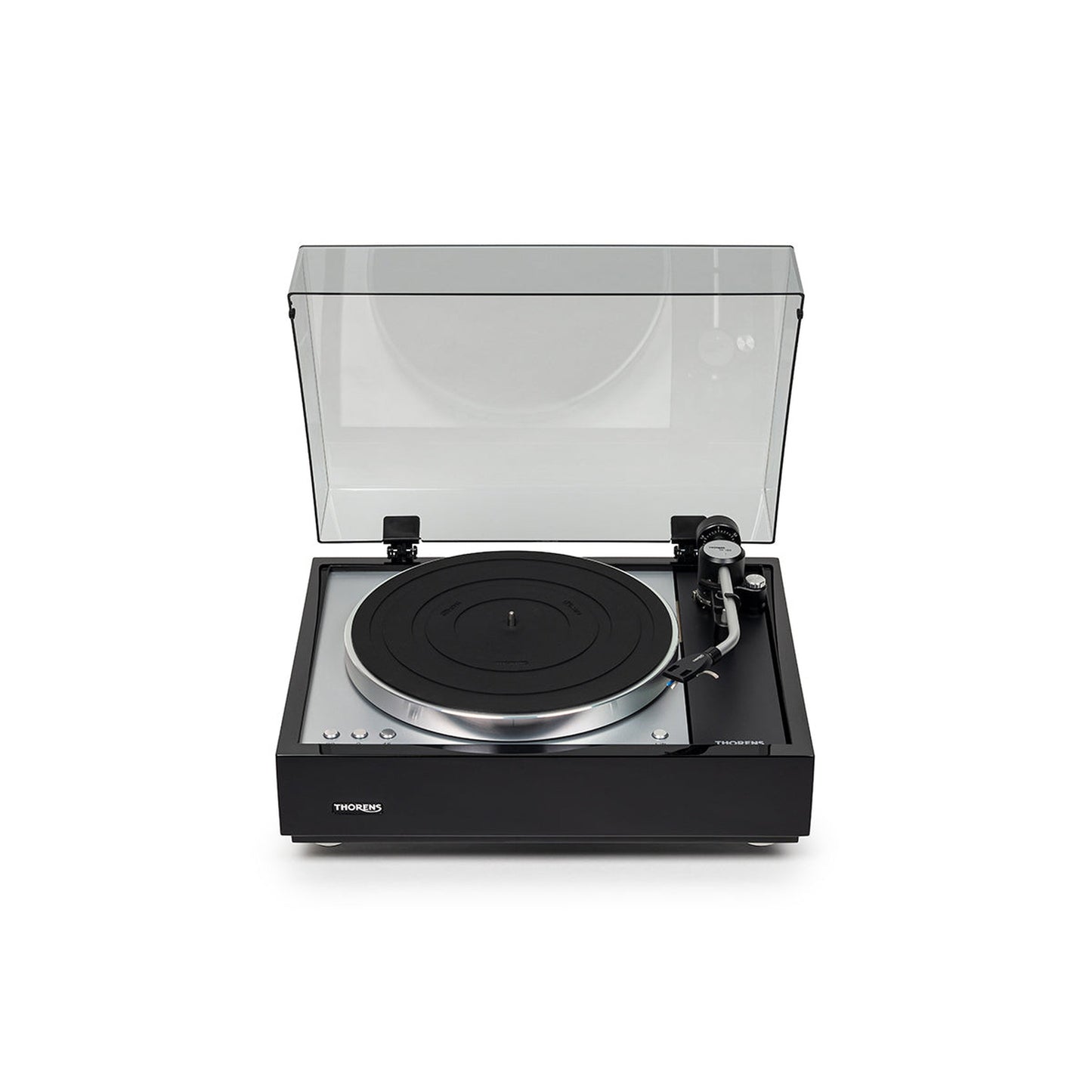 Thorens TD 1601 (TP 160) Plattenspieler Schwarz Frontansicht 4 mit geöffneter Staubschutzhaube