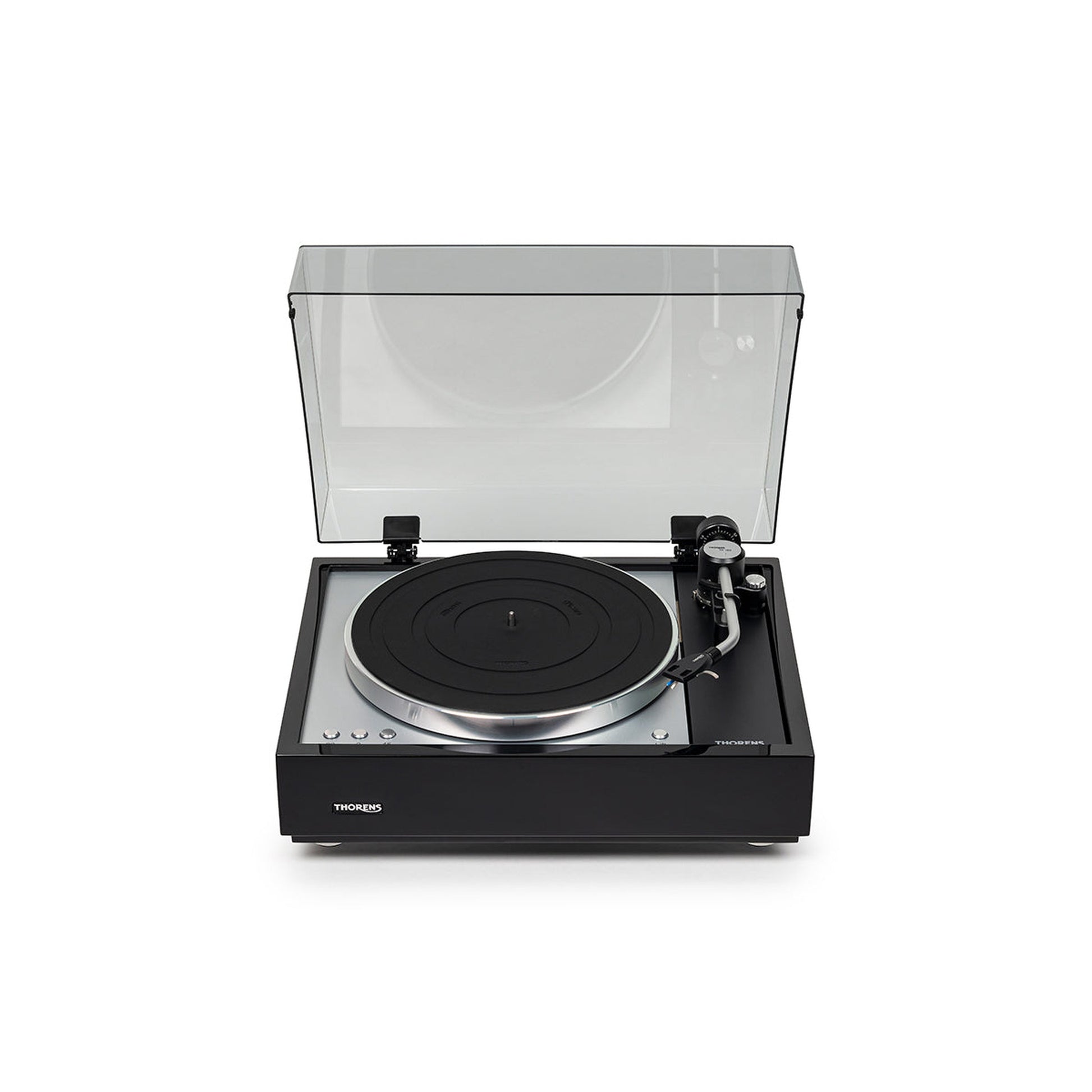 Thorens TD 1601 (TP 160) Plattenspieler Schwarz Frontansicht 4 mit geöffneter Staubschutzhaube