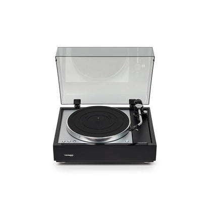 Thorens TD 1601 (TP 160) Plattenspieler Schwarz Frontansicht 4 mit geöffneter Staubschutzhaube