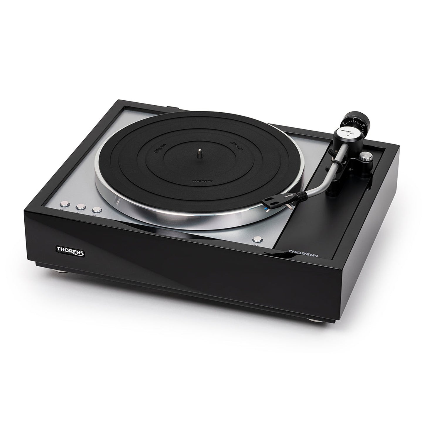 Thorens TD 1601 (TP 160) Plattenspieler Schwarz Frontansicht 5 ohne Staubschutzhaube, Ansicht von links