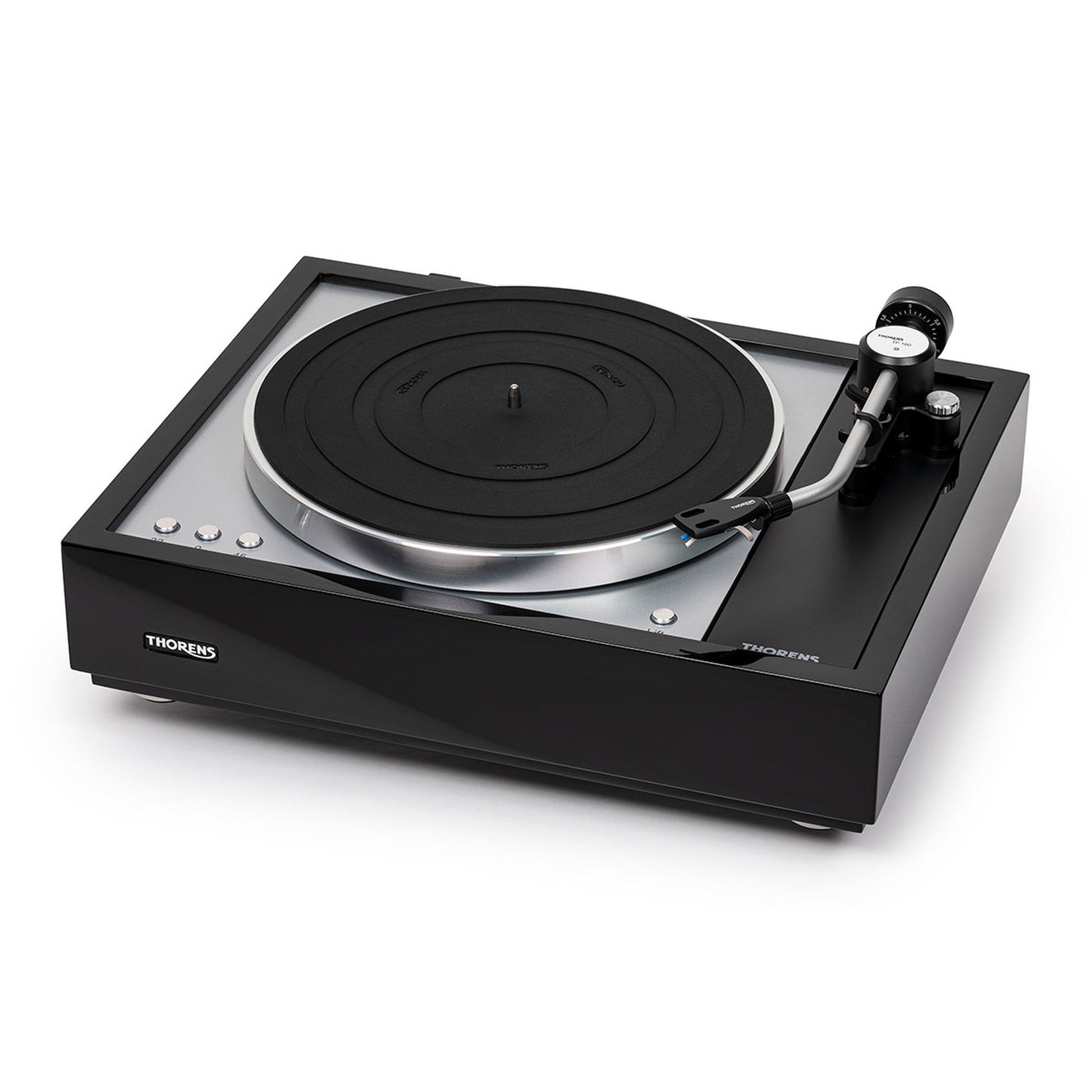 Thorens TD 1601 (TP 160) Plattenspieler Schwarz Frontansicht 5 ohne Staubschutzhaube, Ansicht von links