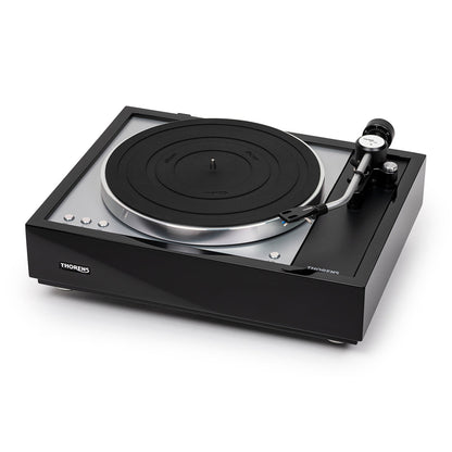 Thorens TD 1601 (TP 160) Plattenspieler Schwarz Frontansicht 5 ohne Staubschutzhaube, Ansicht von links