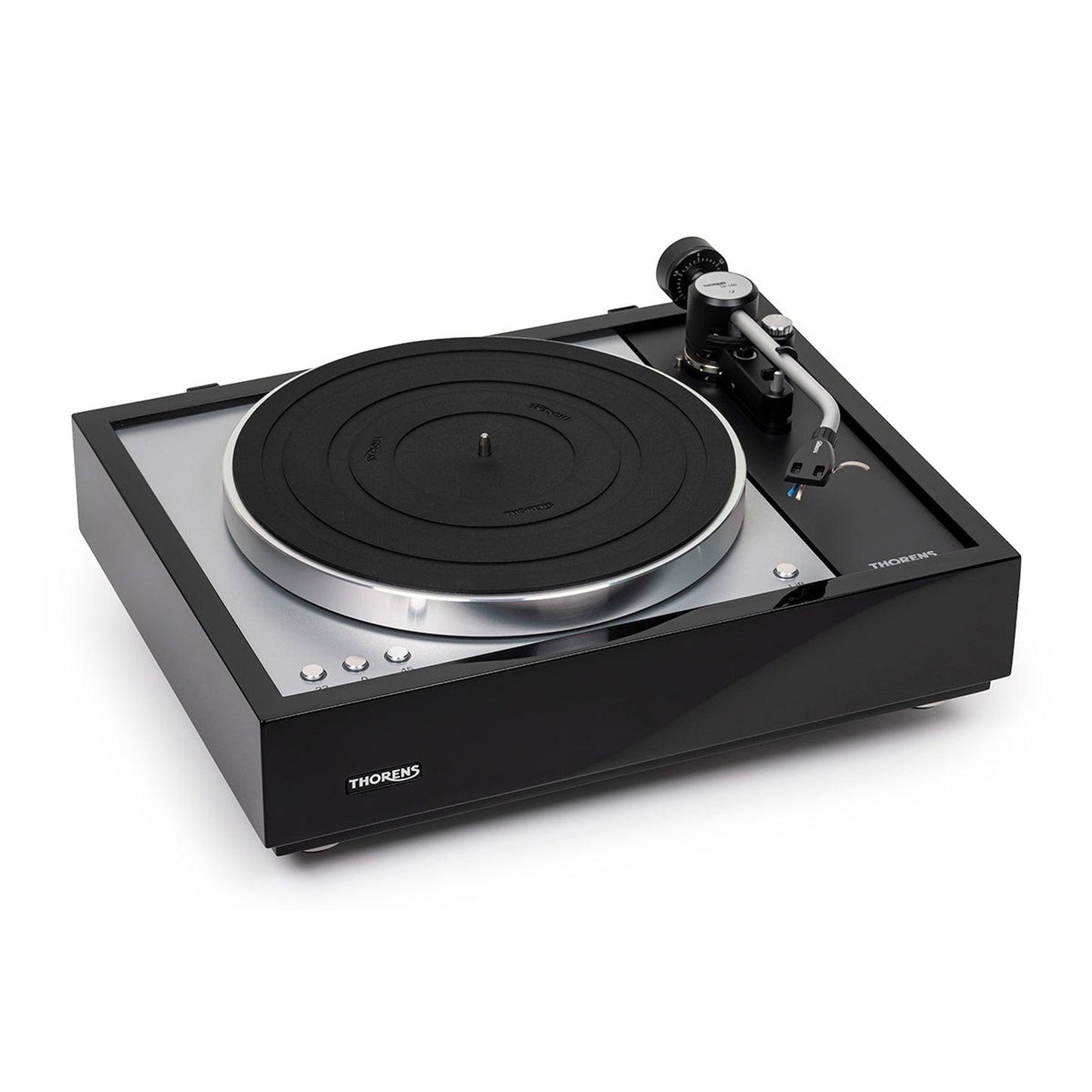 Thorens TD 1601 (TP 160) Plattenspieler Schwarz Frontansicht 6 ohne Staubschutzhaube, Ansicht von rechts