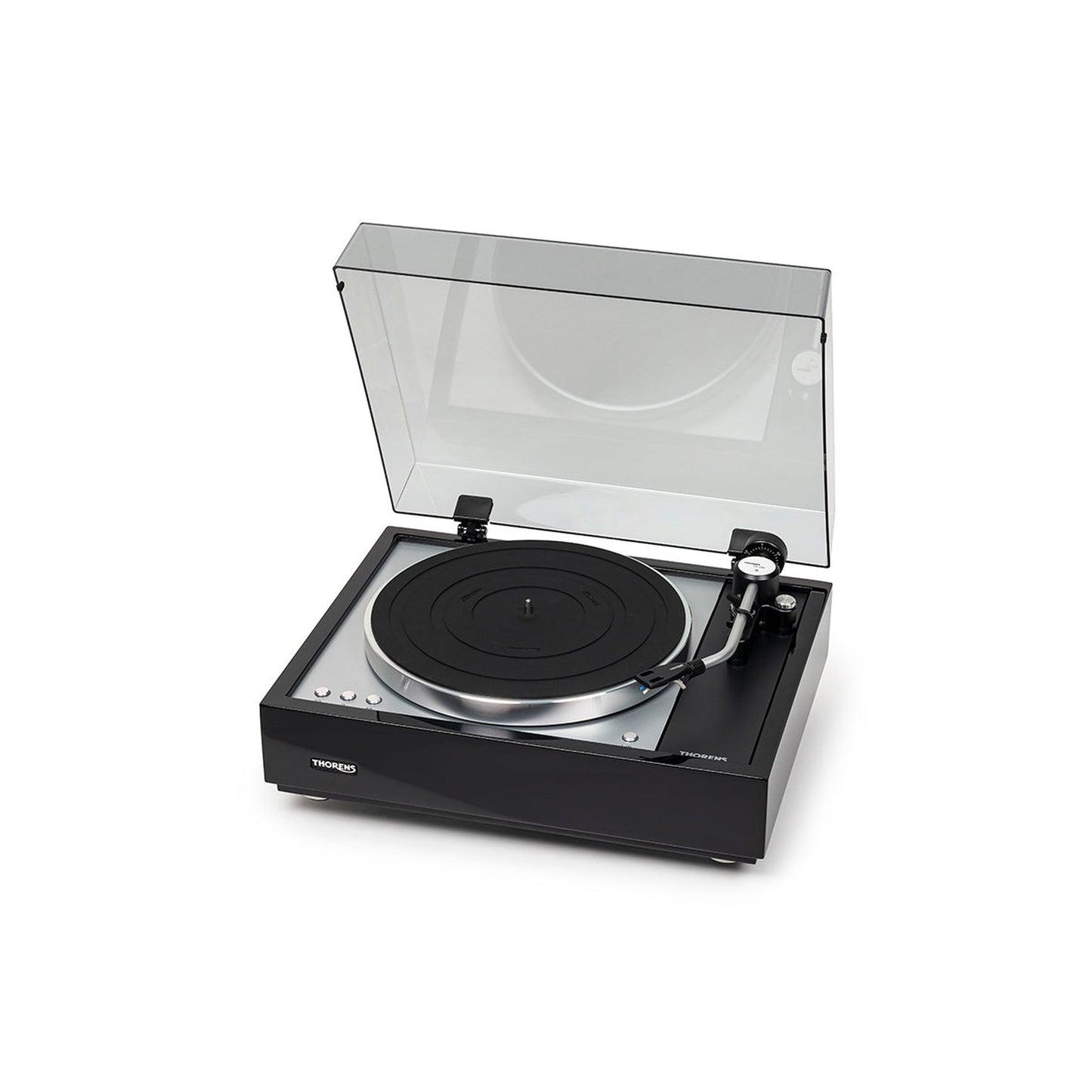Thorens TD 1601 (TP 160) Plattenspieler Schwarz Frontansicht 7 mit geöffneter Staubschutzhaube