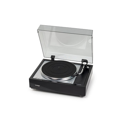 Thorens TD 1601 (TP 160) Plattenspieler Schwarz Frontansicht 7 mit geöffneter Staubschutzhaube