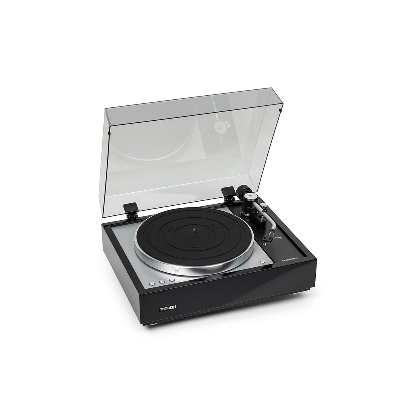 Thorens TD 1601 (TP 160) Plattenspieler Schwarz Frontansicht 8 mit geöffneter Staubschutzhaube, Ansicht von rechts
