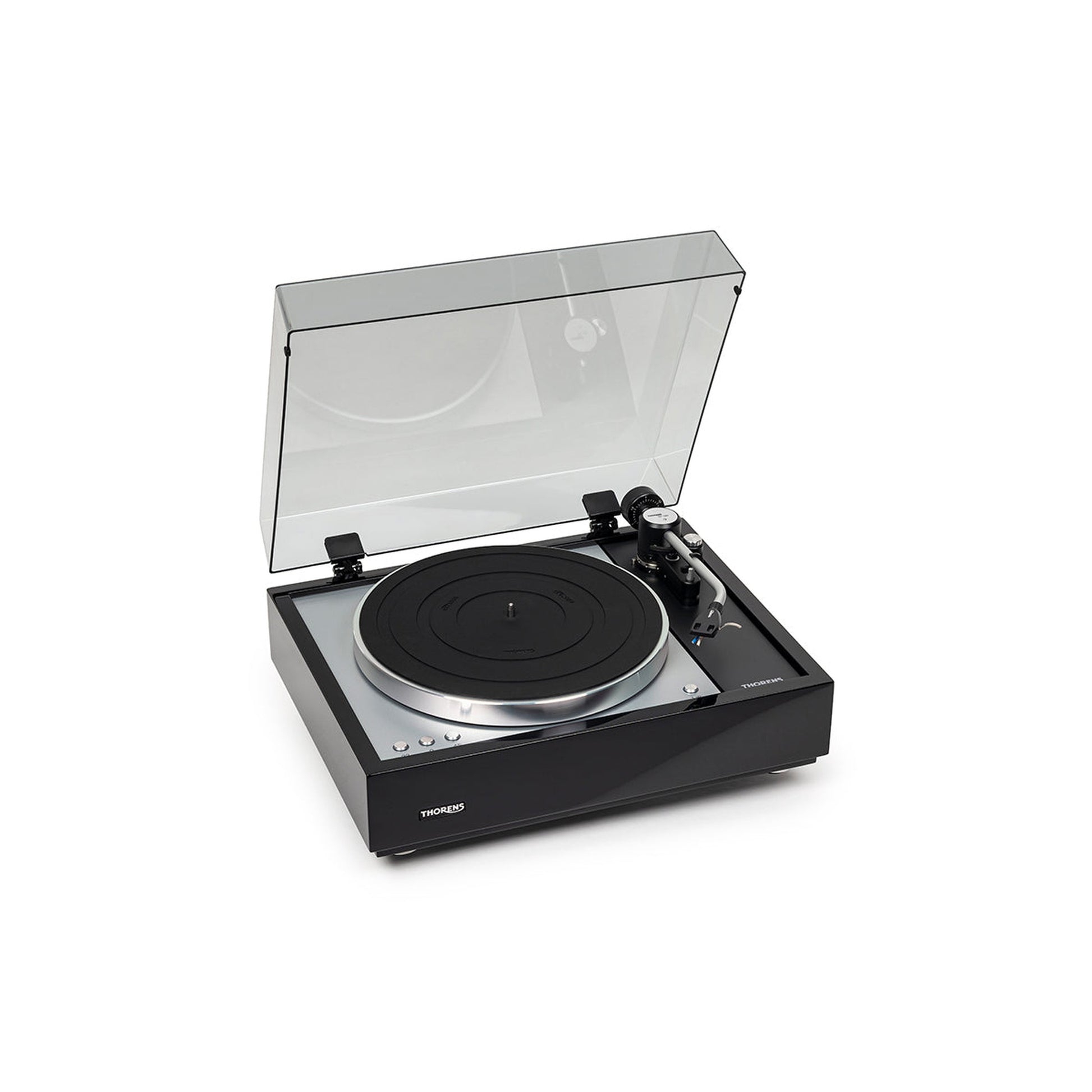 Thorens TD 1601 (TP 160) Plattenspieler Schwarz Frontansicht 8 mit geöffneter Staubschutzhaube, Ansicht von rechts